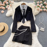 Polo collar Top Long-sleeved Blazer - Slit Skirt  Three piece (set)