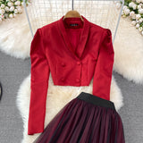 Fashion Suit British Style Short Puff Sleeve Blazer + High Waist Mid length Pleated Skirt