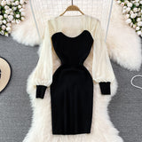 Casual Square Collar Long-sleeved Knitted Hip Dress