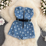 Fashion Sexy Cross Flower Tube Top  Slim Fit Denim Romper Shorts