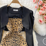 Fashion Crop Blazer -Two-piece Leopard Print Dress