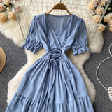 V-neck Puff Sleeve Dress - Adjustable Waist Tie