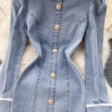 Retro Chic  Sexy Long-sleeve Denim Round-neck Dress