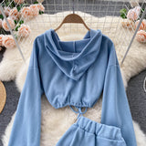 Women's Waist Tie Hooded Short Sweater High Waist Slit Skirt Two piece (set)