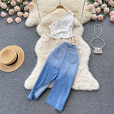 Smocked Lace Slanted Shoulder Vest Irregular Edge Slit Denim Skirt set