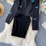 Embroidered Butterfly Suit Women's Jacket and Thin Metal chain Dress (set)