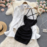 Fashion Versatile Puff Sleeve Shirt Top and Black Sling Dress