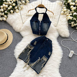 Denim Suits - Halter Neck Hollow Top + Skirt set