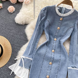 Retro Chic  Sexy Long-sleeve Denim Round-neck Dress