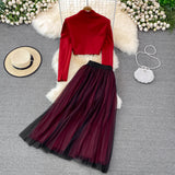 Fashion Suit British Style Short Puff Sleeve Blazer + High Waist Mid length Pleated Skirt