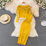 Two Piece Long-sleeved Knitted Top Shawl Cardigan Tight Fitting Dress