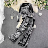 High Waist Printed Wide Leg Pants + Knitted Long sleeve set