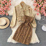 Casual Drawstring Pleated Short Jacket + Leopard Print Dress - Two piece (set)