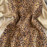 Casual Drawstring Pleated Short Jacket + Leopard Print Dress - Two piece (set)