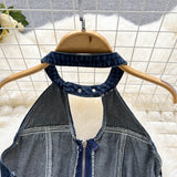 Denim Suits - Halter Neck Hollow Top + Skirt set