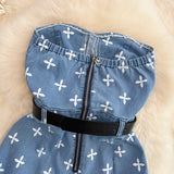 Fashion Sexy Cross Flower Tube Top  Slim Fit Denim Romper Shorts