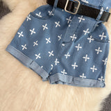 Fashion Sexy Cross Flower Tube Top  Slim Fit Denim Romper Shorts