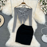 Halter Neckline off-shoulder Slim Striped Long-sleeved Top + High Waist Bag hip Women's skirt (set)