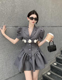 Puff Sleeves Suit Skirt- Slim Pleated Puffy Dress