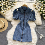 New Women Fashion Puff sleeved Denim Dress