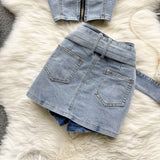 Sexy Street Fashion Denim Suit - Halter Top + Skkirt