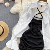 Fashion Versatile Puff Sleeve Shirt Top and Black Sling Dress