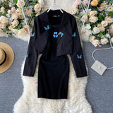 Embroidered Butterfly Suit Women's Jacket and Thin Metal chain Dress (set)