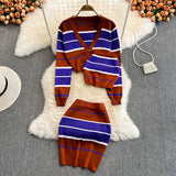 Three piece set Spring V-neck Striped Knitted Cardigan + Tube top + Skirt