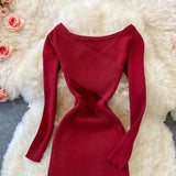 New Long-sleeved V-neck Knitted Dress