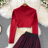 Fashion Suit British Style Short Puff Sleeve Blazer + High Waist Mid length Pleated Skirt