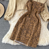 Casual Drawstring Pleated Short Jacket + Leopard Print Dress - Two piece (set)