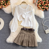 Long Sleeve Knitted Blouse Slanted Shoulder Camisole + Hight Waist Pleated Skirt