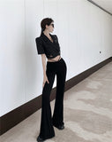 High Quality Short Blazer + High Waisted Drawstring Micro-Flared Pants