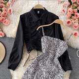 Casual Drawstring Pleated Short Jacket + Leopard Print Dress - Two piece (set)