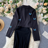 Embroidered Butterfly Suit Women's Jacket and Thin Metal chain Dress (set)