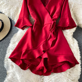 V-neck Waist Tie Irregular Ruffled Wide Leg Romper Short