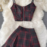 Retro Plaid New V-neck Sling Crop top + High Waist Short Skirt (set)