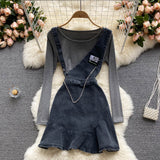 Women's Denim Suspender Skirt + Thin Round Neck T-shirt