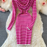 Hooded Striped Knitted Women Long-sleeved Dress