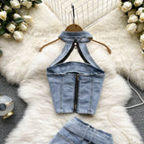 Sexy Street Fashion Denim Suit - Halter Top + Skkirt