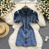 New Women Fashion Puff sleeved Denim Dress