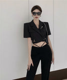 High Quality Short Blazer + High Waisted Drawstring Micro-Flared Pants