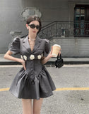 Puff Sleeves Suit Skirt- Slim Pleated Puffy Dress