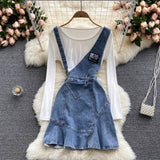 Women's Denim Suspender Skirt + Thin Round Neck T-shirt