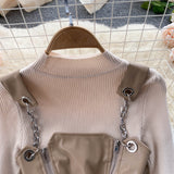 Retro Chic Double zipper Leather Skirt + Knitted sweater Long sleeved