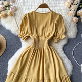 V-neck Puff Sleeve Dress - Adjustable Waist Tie