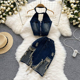 Denim Suits - Halter Neck Hollow Top + Skirt set