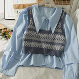 Loose Doll Collar Long-sleeved Shirt & Plaid Knitted Vest