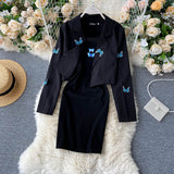 Embroidered Butterfly Suit Women's Jacket and Thin Metal chain Dress (set)