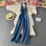 High Waist Loose Straight Wide Leg Sexy Backless Halter Neck Denim Jumpsuit